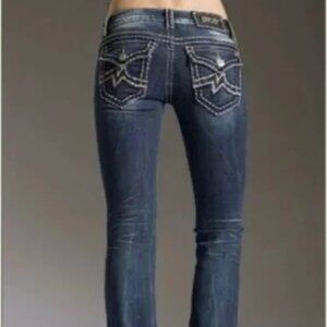 Miss Me Irene Boot Cut Jeans Low Rise Flap Pockets Stretch Embroidered.  Sz 27